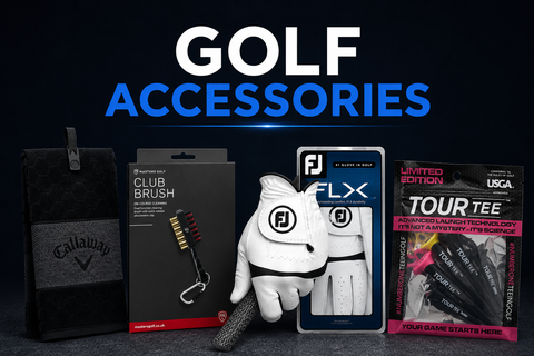 Golf Accessories collection banner featuring a golf towel, club brush, golf glove and Tour Tee pack with the title “Golf Accessories” on a dark background.