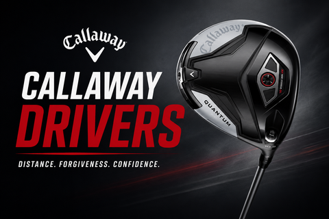 Callaway Drivers collection banner featuring a Callaway Quantum driver with the title “Callaway Drivers” on a dark background, showcasing premium Callaway driver technology available at Golf 360 New Zealand.