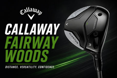 Callaway Fairway Woods collection banner featuring a Callaway Quantum fairway wood with the title “Callaway Fairway Woods” on a dark background, showcasing premium Callaway fairway woods available at Golf 360 New Zealand.