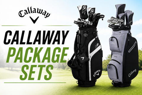 Callaway Package Sets collection banner featuring men's and women's Callaway complete golf sets with the title “Callaway Package Sets” on a bright golf course background.