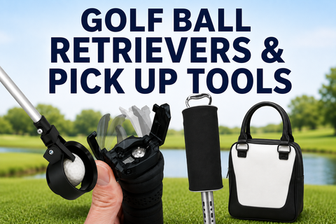 Golf Ball Retrievers & Pick Up Tools collection banner featuring a telescopic golf ball retriever, putter pick-up attachment, shag bag and practice ball bag with the title “Golf Ball Retrievers & Pick Up Tools”.
