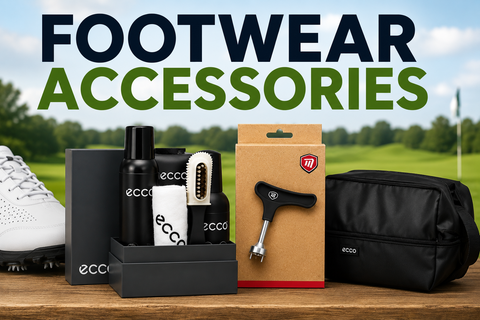 Footwear Accessories collection banner featuring an ECCO shoe care kit, golf spike wrench, shoe bag and golf shoe with the title “Footwear Accessories” on a golf course background.