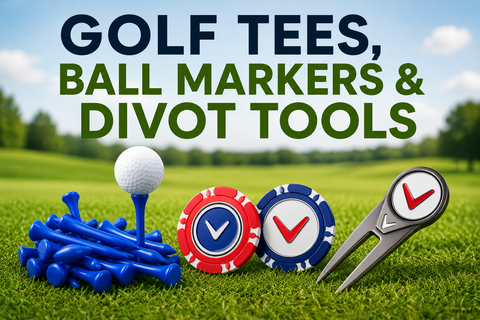 Golf Tees, Ball Markers & Divot Tools collection banner featuring blue golf tees, poker chip ball markers and a divot repair tool on a golf course background.