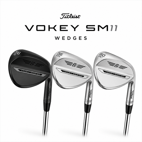 Titleist Vokey SM11 wedges collection featuring black finish, chrome right-handed wedge options with Vokey SM11 branding, showcasing premium short-game performance and versatility for golfers.