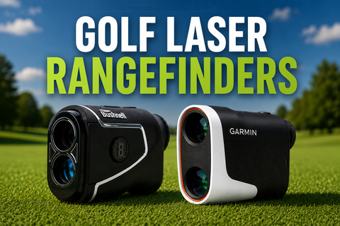 Collection banner featuring Bushnell and Garmin golf laser rangefinders on a golf course with the title "Golf Laser Rangefinders" highlighting accurate distance measurement and on-course confidence.