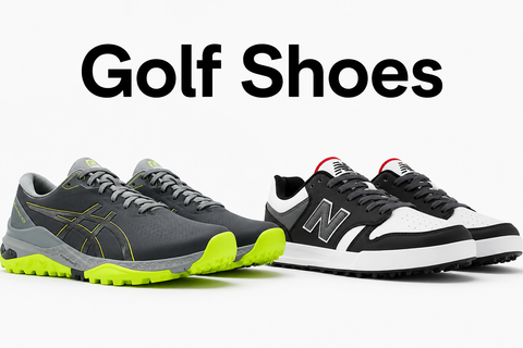 Golf Shoes collection banner featuring a grey ASICS golf shoe and a black-and-white New Balance golf shoe with the title “Golf Shoes”.