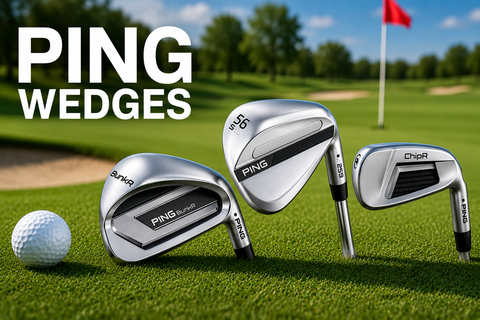 PING Wedges collection banner featuring PING s159, BunkR and ChipR wedges positioned on a golf course chipping green with the title “PING Wedges”.