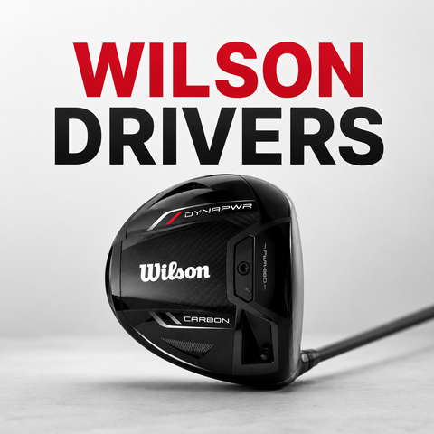 Wilson Dynapwr Carbon driver on a clean studio background with the title “Wilson Drivers”, showcasing Wilson’s modern driver range with a sleek black carbon-fibre design.