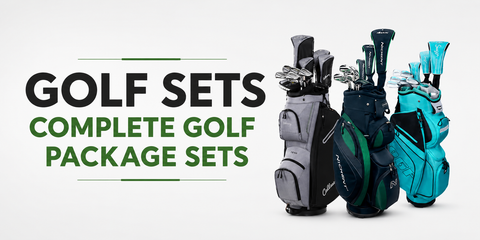 Complete golf package sets featuring men's and women's golf club sets with matching golf bags and clubs, alongside the title "Golf Sets – Complete Golf Package Sets" on a clean modern background.