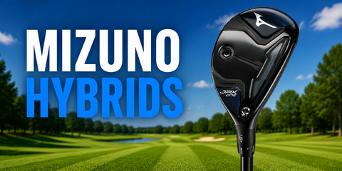 Mizuno hybrids collection banner featuring a Mizuno hybrid club on a golf course with the title "Mizuno Hybrids".