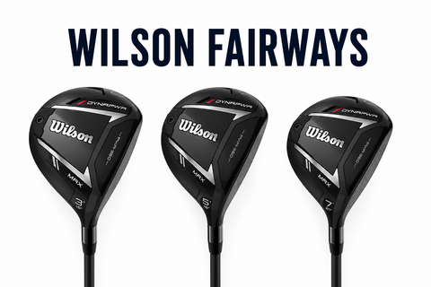 Wilson Fairway Woods collection featuring Wilson Dynapwr fairway woods in multiple loft options on a clean white background with Wilson Fairways title.