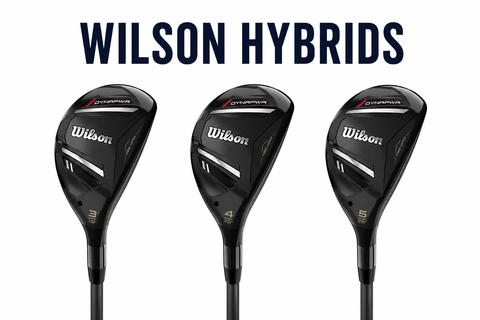 Wilson Hybrids collection featuring Wilson Dynapwr hybrid golf clubs in multiple loft options on a clean white background with Wilson Hybrids title.