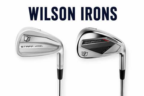 Wilson Irons collection featuring Wilson Staff Model and Wilson Dynapwr iron designs on a clean white background with Wilson Irons title.