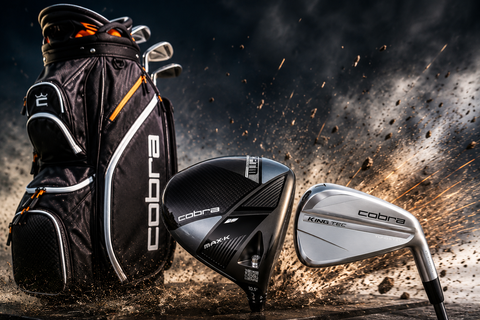 Cobra Golf Clubs collection image featuring a Cobra golf bag, Cobra OPTM Max-K driver and Cobra King Tec iron with dynamic motion effects and dramatic lighting.