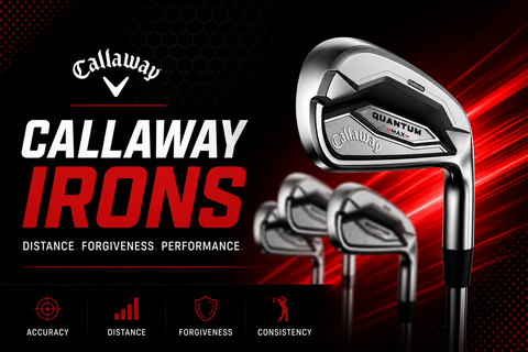 Callaway Irons collection image featuring Callaway Quantum Max irons on a bold black and red background with Callaway Irons title, highlighting distance, forgiveness and performance.