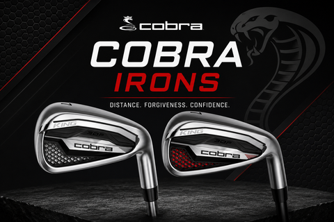 **Alt Text:**  Cobra irons collection banner featuring two modern Cobra iron heads on a black and red background with Cobra Irons title text, showcasing distance, forgiveness and confidence for golfers.