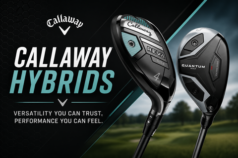 Callaway Hybrids collection banner featuring Callaway REVA Rise and Quantum Max hybrid golf clubs on a modern black and teal background with bold Callaway Hybrids title text.