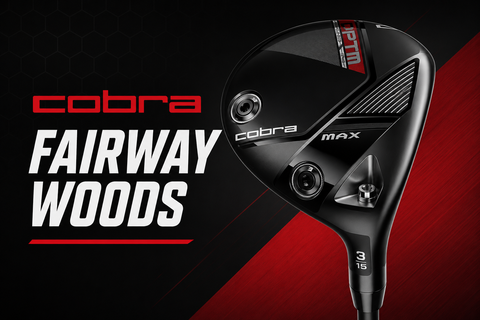 Cobra Fairway Woods collection banner featuring the Cobra OPTM MAX fairway wood on a black and red background with bold Cobra Fairway Woods title.