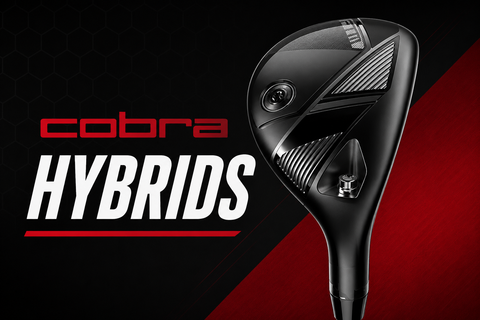 Cobra Hybrids collection banner featuring a Cobra OPTM hybrid golf club on a black and red background with bold Cobra Hybrids title.