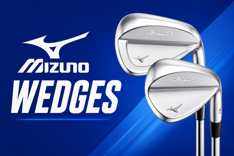 Mizuno Wedges collection banner featuring two Mizuno Pro forged wedges on a Mizuno blue background with bold Mizuno Wedges title.