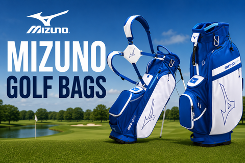 Mizuno Golf Bags collection banner featuring a blue and white Mizuno stand bag and cart bag on a golf course with a bold Mizuno Golf Bags title against a blue sky