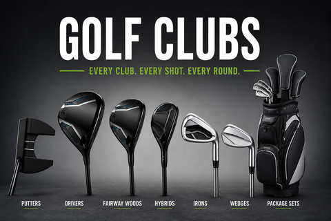 Golf clubs collection banner featuring a putter, driver, fairway wood, hybrid, irons, wedges and golf package set with the title "Golf Clubs" on a dark background.