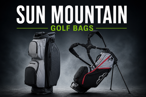 Sun Mountain Golf Bags collection banner featuring a premium Sun Mountain cart bag and stand bag with the title "Sun Mountain Golf Bags" on a dark background.