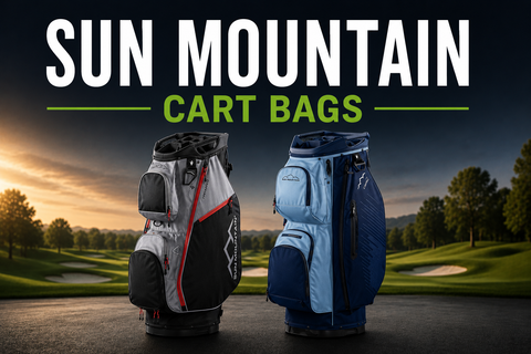 Sun Mountain Cart Bags collection banner featuring two premium Sun Mountain cart bags with the title "Sun Mountain Cart Bags" against a golf course background.