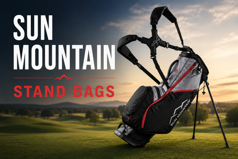 Sun Mountain Stand Bags collection banner featuring a lightweight Sun Mountain golf stand bag with the title "Sun Mountain Stand Bags" on a golf course background.