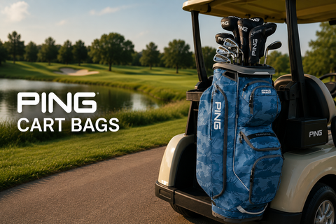Ping cart golf bag mounted on a golf cart beside a scenic golf course lake, showcasing premium storage, club organisation, and golfer-friendly design in a picturesque on-course setting.