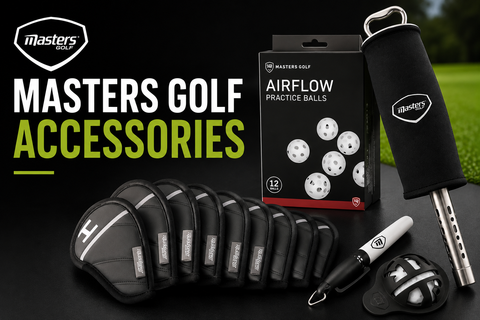 Masters Golf accessories collection featuring practice balls, club headcovers, ball pickup tool, and training accessories designed for practice, club protection, and everyday golf convenience.