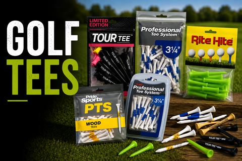 Golf tees collection featuring Tour Tee, Pride Professional Tee System, Rite Hite, and wooden golf tees, offering a range of plastic, wooden, and performance tee options for golfers of all skill levels.