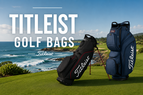 Titleist Golf Bags collection banner featuring a Titleist stand bag and Titleist cart bag displayed on a scenic coastal golf course overlooking the ocean, with dramatic fairways, cliffs, and blue water in the background.