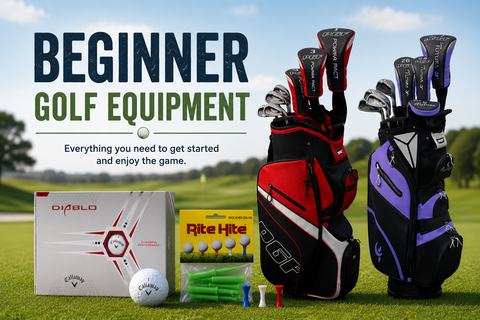 Beginner Golf Equipment banner featuring men's and women's PGF package golf sets, Callaway Hex Diablo golf balls, and Rite Hite golf tees displayed on a golf course, showcasing beginner-friendly golf gear designed to make learning the game easier