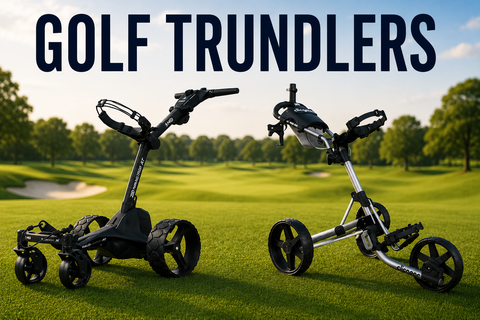 Golf Trundlers collection banner featuring an MGI Zip Navigator AT electric golf trundler and a Clicgear push trundler on a golf course, showcasing electric and push cart options for golfers who enjoy walking the course.