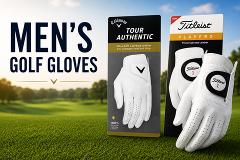 Men's Golf Gloves collection banner featuring premium Callaway Tour Authentic and Titleist Players golf gloves displayed on a golf course, showcasing soft Cabretta leather gloves for comfort, grip, and performance.