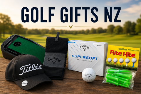Golf Gifts NZ collection banner featuring a Titleist golf cap, Callaway Supersoft golf balls, Callaway golf towel, Rite Hite golf tees, and a putting trainer displayed on a golf course, showcasing popular golf gift ideas for golfers.