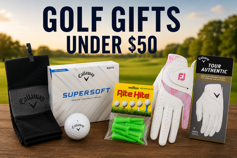 Golf Gifts Under $50 collection banner featuring a Callaway golf towel, Callaway Supersoft golf balls, Rite Hite golf tees, and FootJoy and Callaway golf gloves displayed on a golf course, showcasing affordable golf gift ideas for golfers.