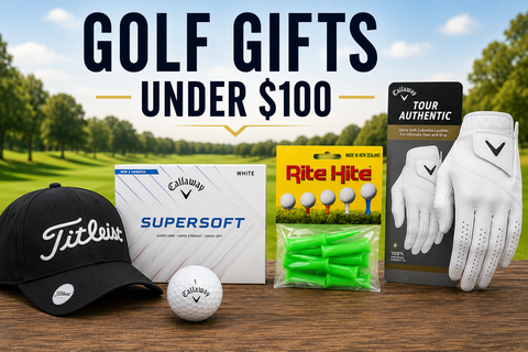 Golf Gifts Under $100 collection banner featuring a Titleist golf cap, Callaway Supersoft golf balls, Callaway Tour Authentic golf glove, and Rite Hite golf tees displayed on a golf course, showcasing popular golf gift ideas under $100.