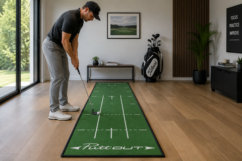 Golfer practising putting indoors on a PuttOUT putting mat, demonstrating home golf training and putting practice with a modern setup and Titleist golf bag in the background.