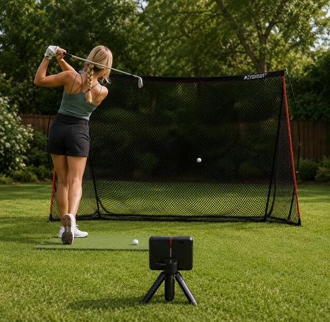Golfer practising with a backyard golf net and Garmin Approach R10 launch monitor, demonstrating a modern home golf practice setup for swing training and ball striking feedback.