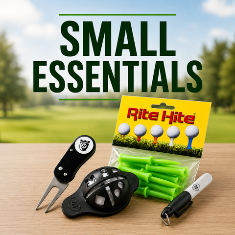 Small Essentials golf accessories collection featuring Rite Hite golf tees, a divot repair tool, golf ball alignment tool and other affordable golf accessories under $20, designed to help golfers stay prepared on the course.