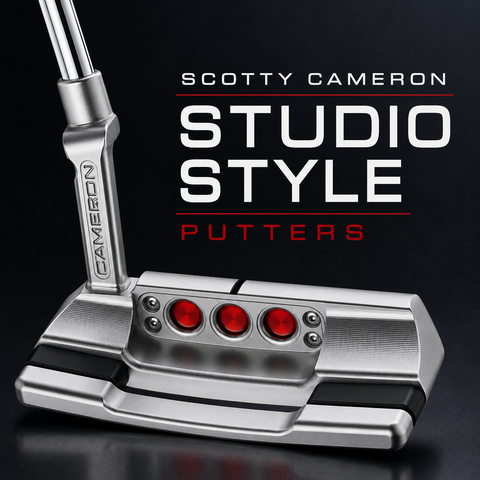 Scotty Cameron Studio Style putter collection featuring a premium right-handed blade putter with precision-milled construction, red cherry dot inserts, and Studio Style branding on a dark background.