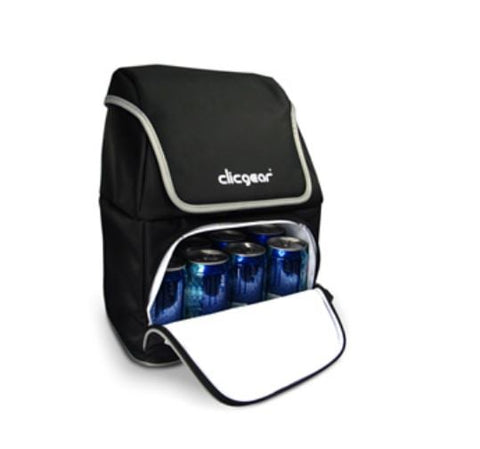 A black Clicgear cooler bag with a front pocket unzipped, revealing six blue beverage cans inside. The bag has silver trim and is standing upright on a white background.