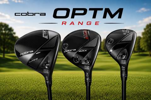 Cobra OPTM Range collection banner featuring Cobra OPTM Max-K driver, OPTM Max fairway wood, and OPTM hybrid displayed on a golf course, showcasing Cobra's latest forgiving distance and game-improvement technology.