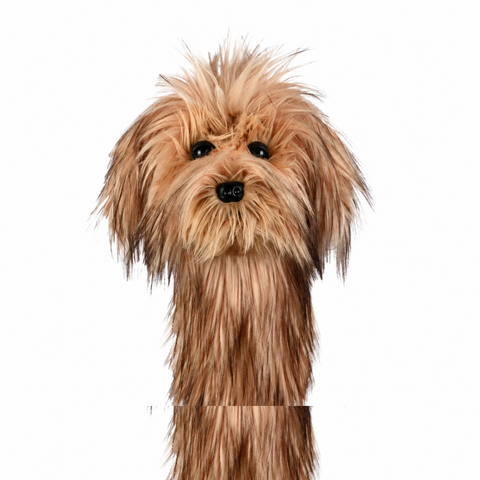Daphne's Scruffy Dog golf driver headcover with long shaggy tan plush coat, floppy ears, round dark eyes and small black nose