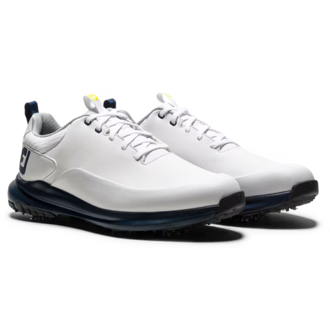 A pair of white FootJoy Tour Rival golf shoes with navy accents, designed for stability and comfort on the course.