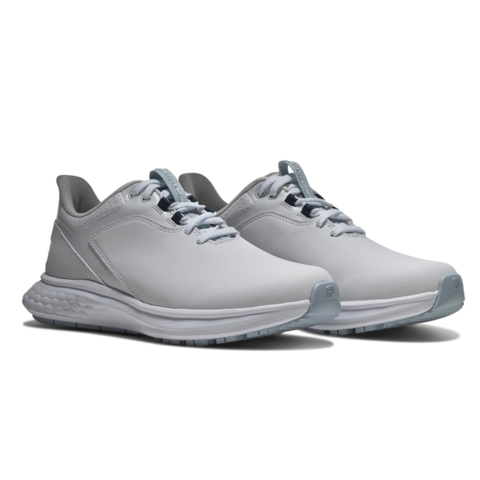 FootJoy Pulse women's golf shoes in white, grey, and blue with lightweight comfort and spikeless golf traction.