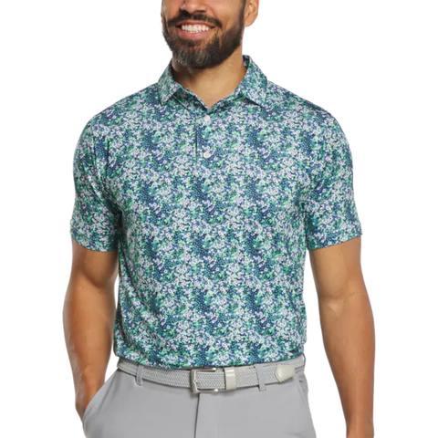 FootJoy Garden Print Lisle men's golf polo in navy featuring a floral print design and lightweight performance fabric for comfort on and off the course.