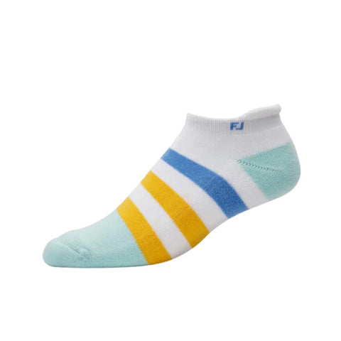 Low-cut white sock with aqua toe and heel, plus yellow and blue stripes across the middle. There is also a small blue FJ logo near the ankle.